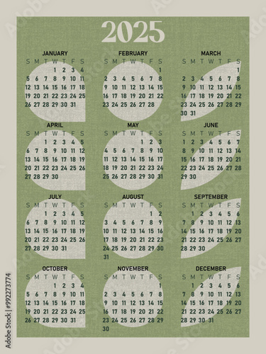 2025 Annual Calendar hanging vertical page. Calming green, neutral, natural, organic, abstract and textured vector. Readymade cover with Full year preview & Sunday start.