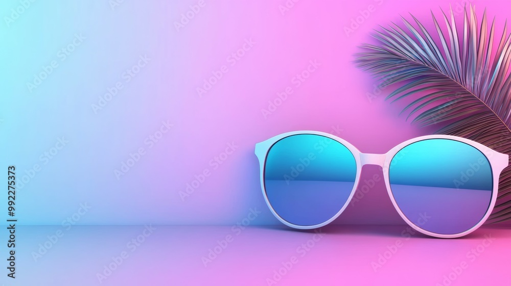 A pair of sunglasses is on a table with a purple background A pair of sunglasses is on a table with a purple background