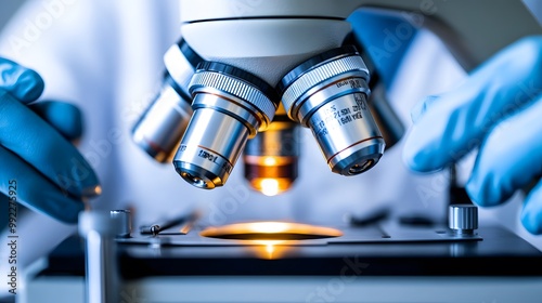 Close-up of a Microscope with a Gloved Hand Adjusting a Sample Slide