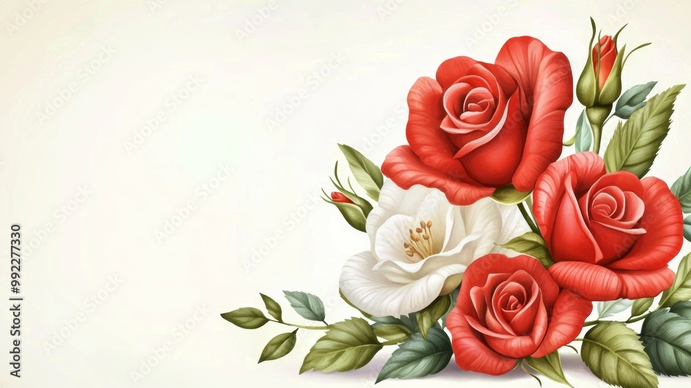 A bouquet of red and white roses with green leaves A bouquet of red and white roses with green leaves