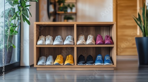 A stylish shoe rack filled with a variety of colorful sneakers and heels, positioned in a modern entryway with natural light streaming in.