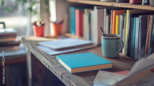 A vibrant notebook placed on a wooden document shelf, with scattered papers and a coffee mug for an inspiring study corner.