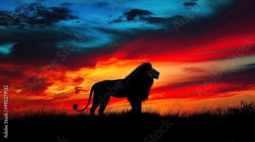 A powerful lion silhouetted by the vibrant colors of a sunset, symbolizing the Lion of Judah, representing courage, faith, and strength.