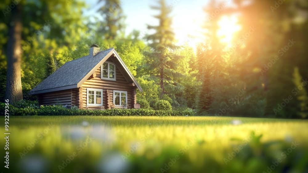 A small log cabin is surrounded by trees and grass A small log cabin is surrounded by trees and grass