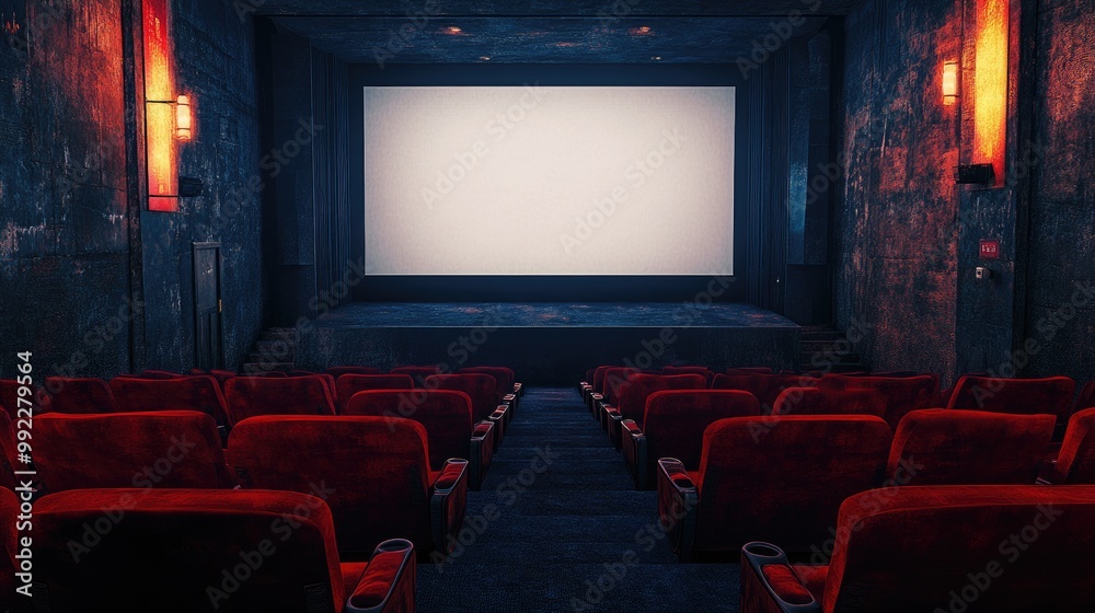 A quiet and empty cinema hall with red seats and a large blank screen, the perfect setting for an upcoming movie night. A quiet and empty cinema hall with red seats and a large blank screen, the perfect setting for an upcoming movie night.