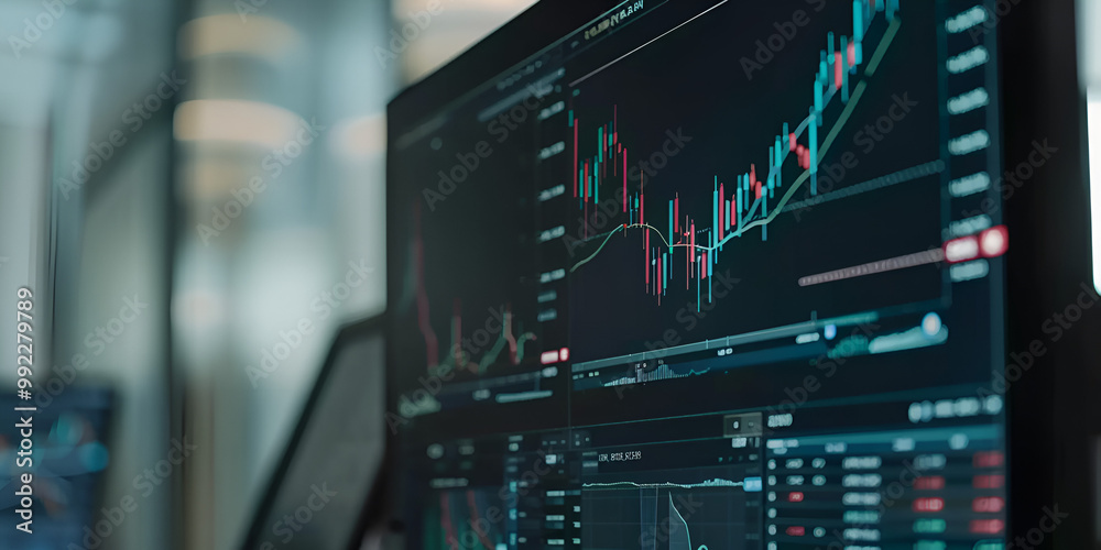 Stock Market Trading Display on Monitor with Graphs, Financial Analysis of Stock Market Trends on Trading Platform, Dynamic data visualization on a computer screen displaying various charts and graphs