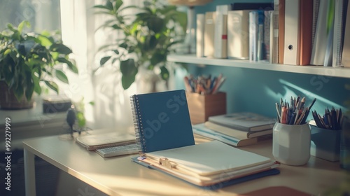 An organized home office with a notebook on a document shelf, surrounded by motivational quotes and neatly arranged paperwork.