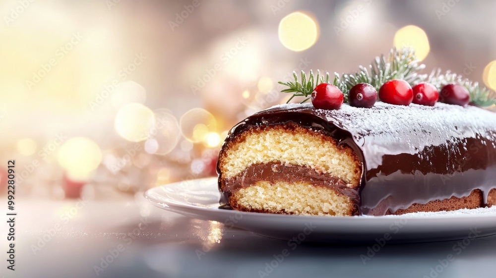 A chocolate cake with berries on top is cut in half and placed on a white plate A chocolate cake with berries on top is cut in half and placed on a white plate