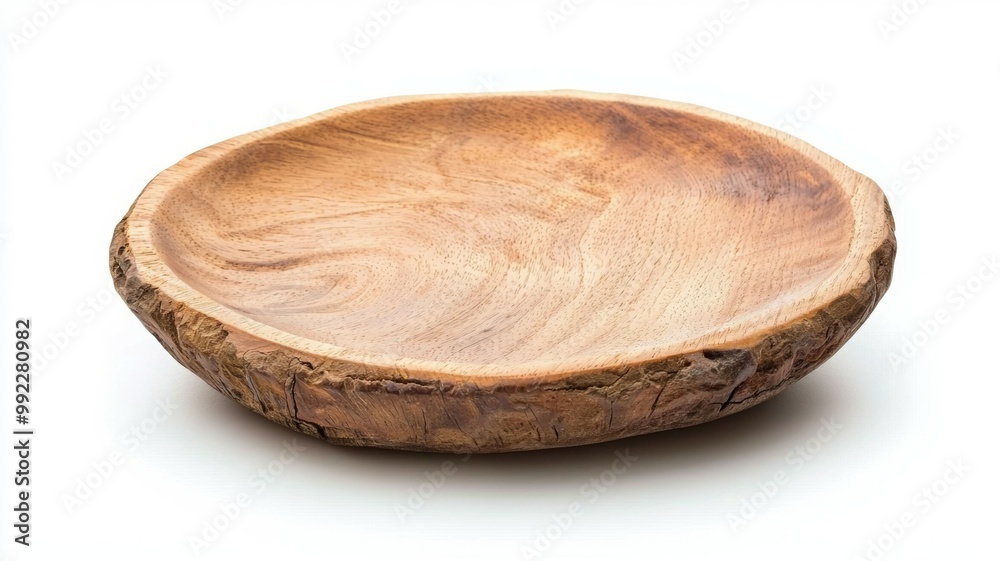 A wooden bowl with a wood grain pattern sits on a white background A wooden bowl with a wood grain pattern sits on a white background
