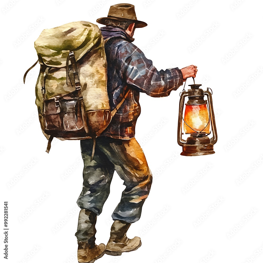 Fototapeta premium Watercolor Illustration of a Hiker with Backpack and Lantern.