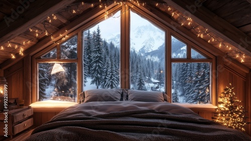 Cozy Cabin Bedroom with Mountain View and Christmas Lights