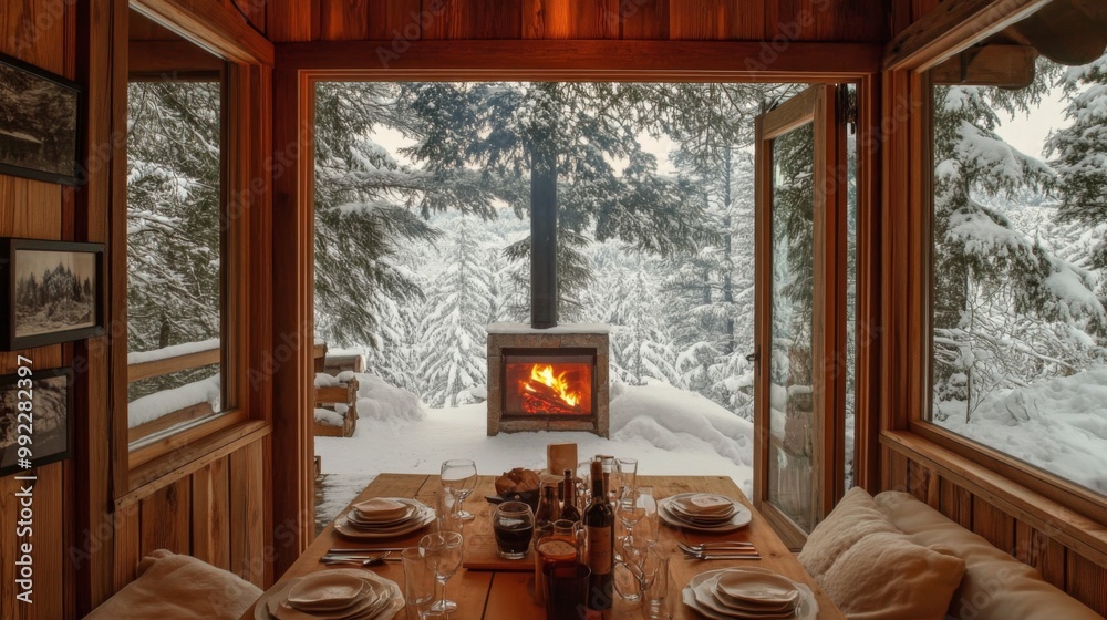 Fototapeta premium Cozy Cabin Interior with Fireplace and Snowy Winter View