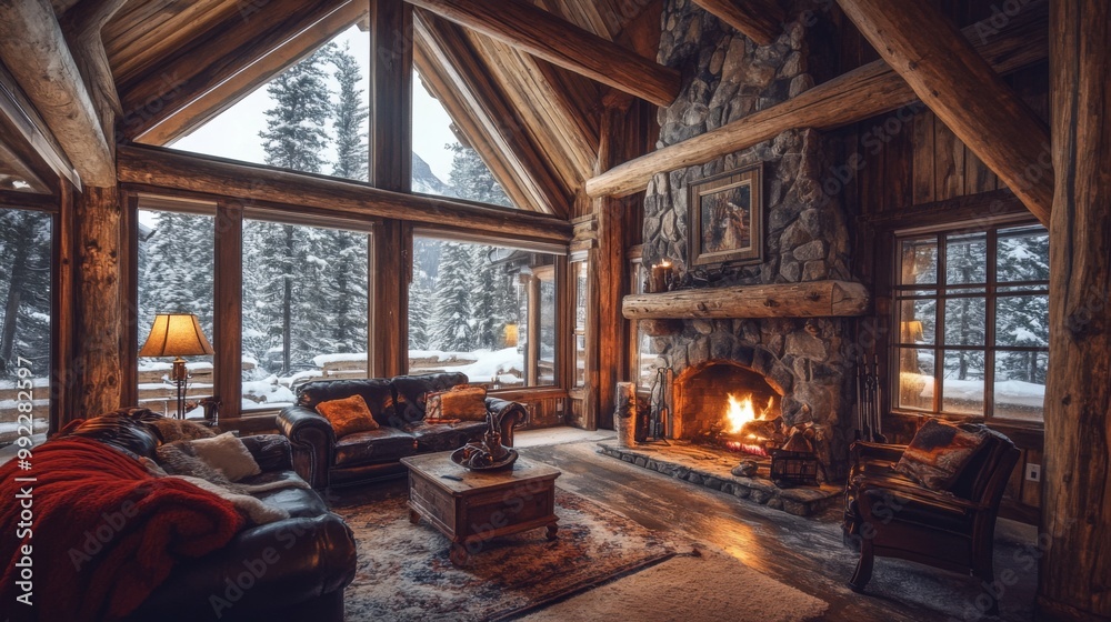 Fototapeta premium Cozy Cabin Interior with Fireplace and Winter View