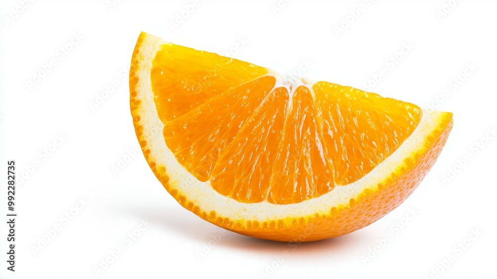 A slice of orange is shown on a white background A slice of orange is shown on a white background