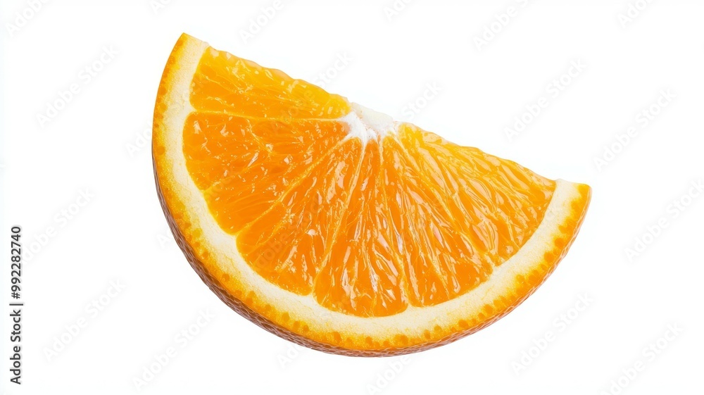 A slice of orange is shown on a white background A slice of orange is shown on a white background