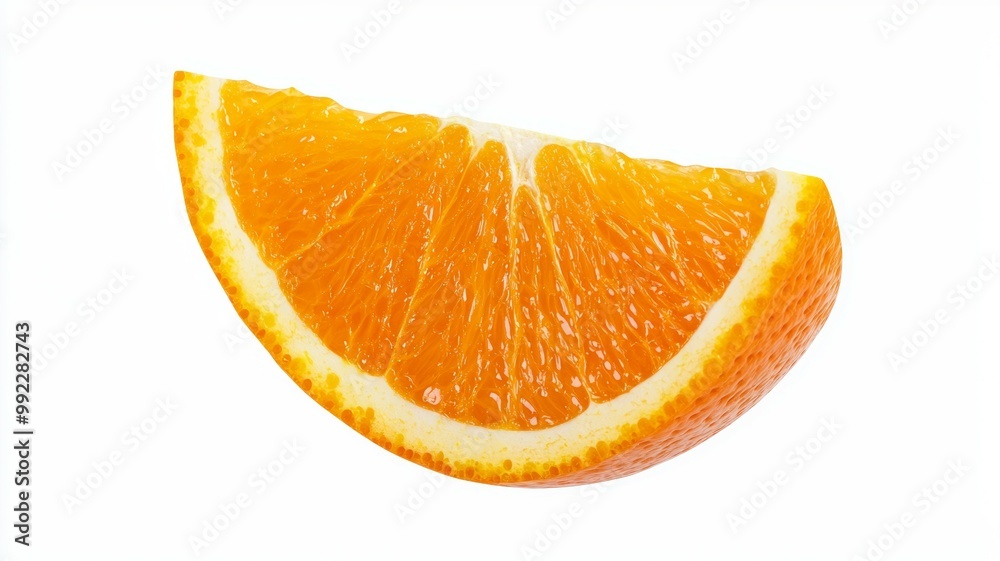 A slice of orange is shown on a white background A slice of orange is shown on a white background