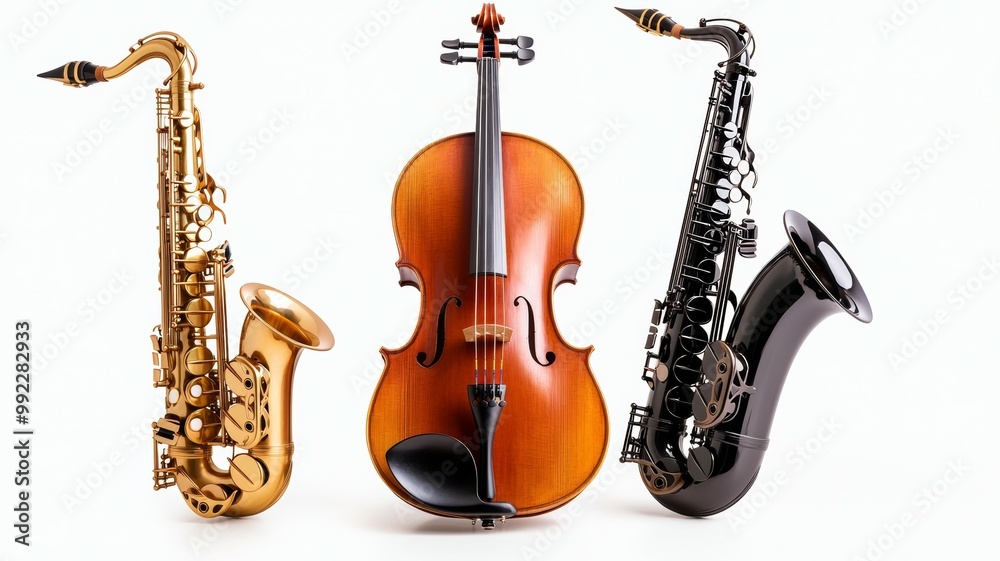 Fototapeta premium Three musical instruments, a violin, a saxophone, and a cello