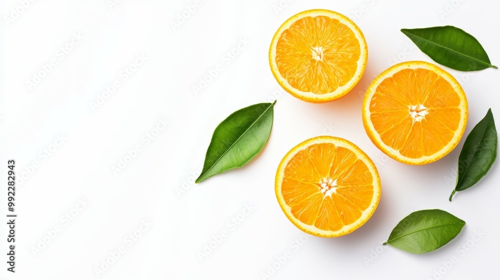 Three oranges with green leaves on a white background Three oranges with green leaves on a white background