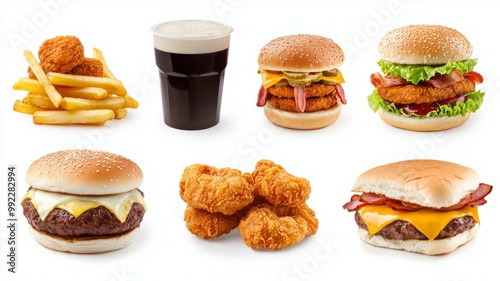 A collection of fast food items including hamburgers, hot dogs, and fries