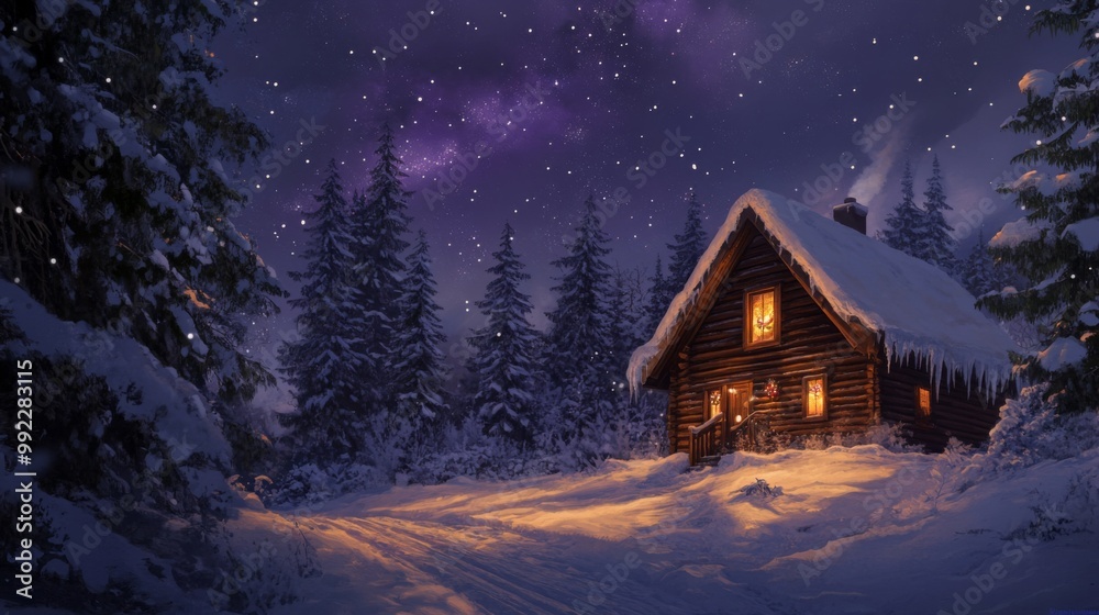 Fototapeta premium A Cozy Log Cabin in a Snowy Forest Under a Starry Night Sky