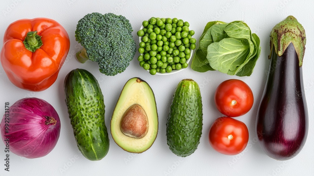 A variety of vegetables including broccoli, peas, tomatoes A variety of vegetables including broccoli, peas, tomatoes