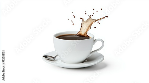 A white coffee cup with a splash of coffee on the side