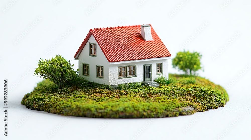 Miniature house on a grassy base with trees. Miniature house on a grassy base with trees.