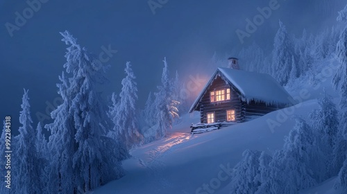 A Cozy Cabin Nestled in a Snowy Forest Under a Twilight Sky