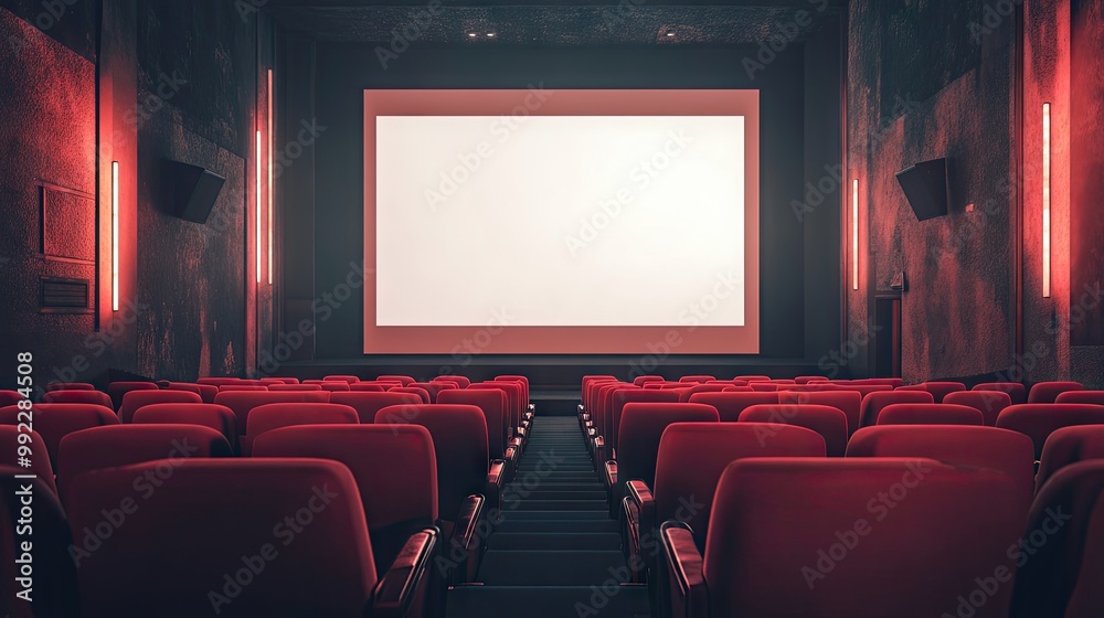 A spacious cinema with bright red seats, all facing a large, white blank screen, waiting for the lights to dim. A spacious cinema with bright red seats, all facing a large, white blank screen, waiting for the lights to dim.