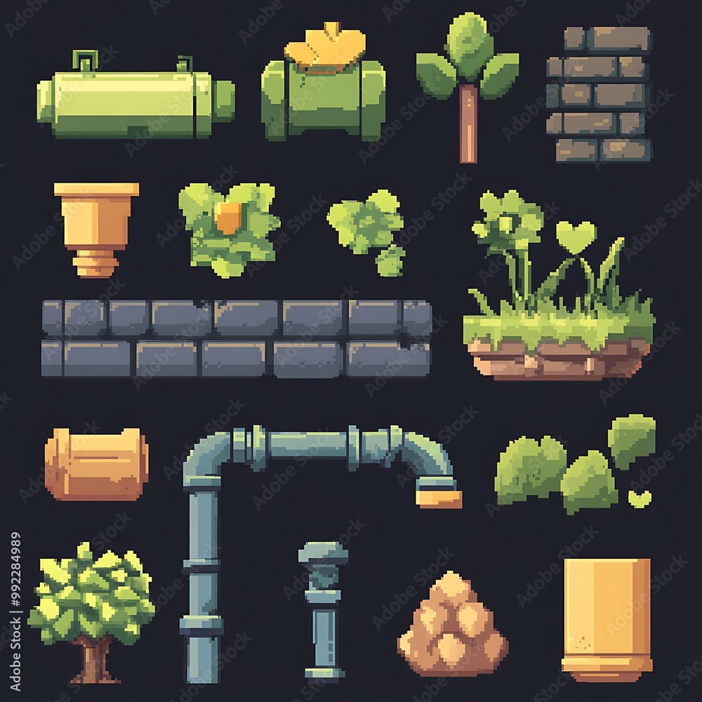 Pixel Art Game Assets, Nature, Pipes, and Stone for Game Development ...