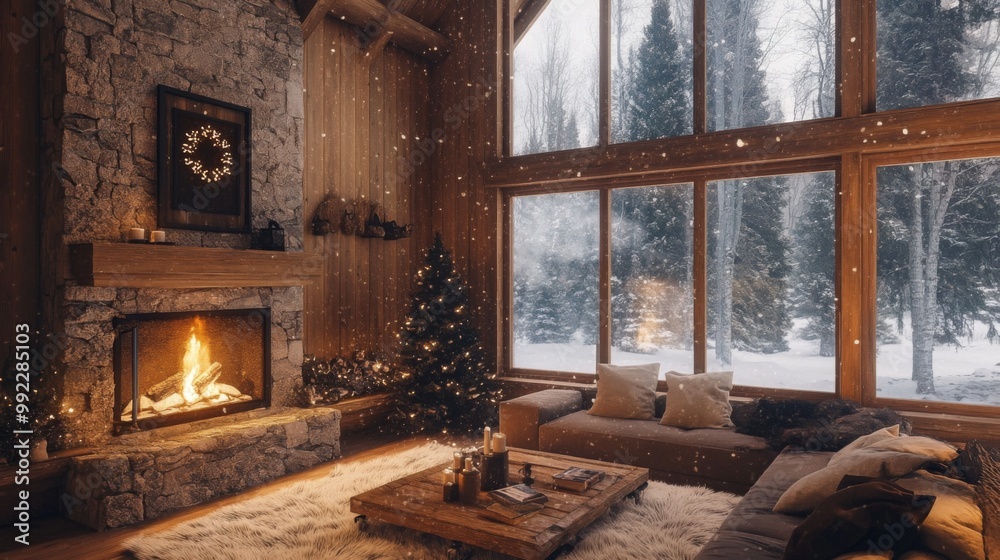 Cozy Cabin Interior with Fireplace, Christmas Tree, and Snowy Window View Cozy Cabin Interior with Fireplace, Christmas Tree, and Snowy Window View