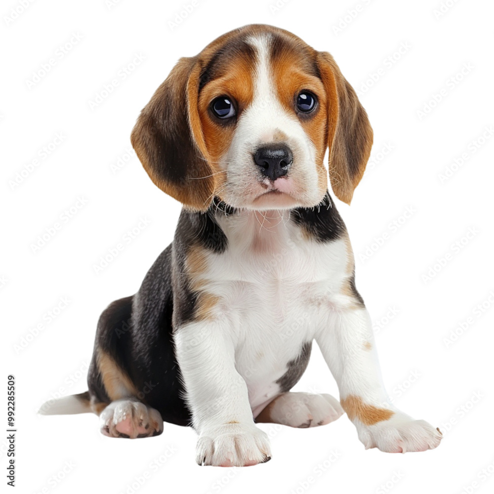Small Beagle Puppy Sitting and Looking Up with Curious Expression
