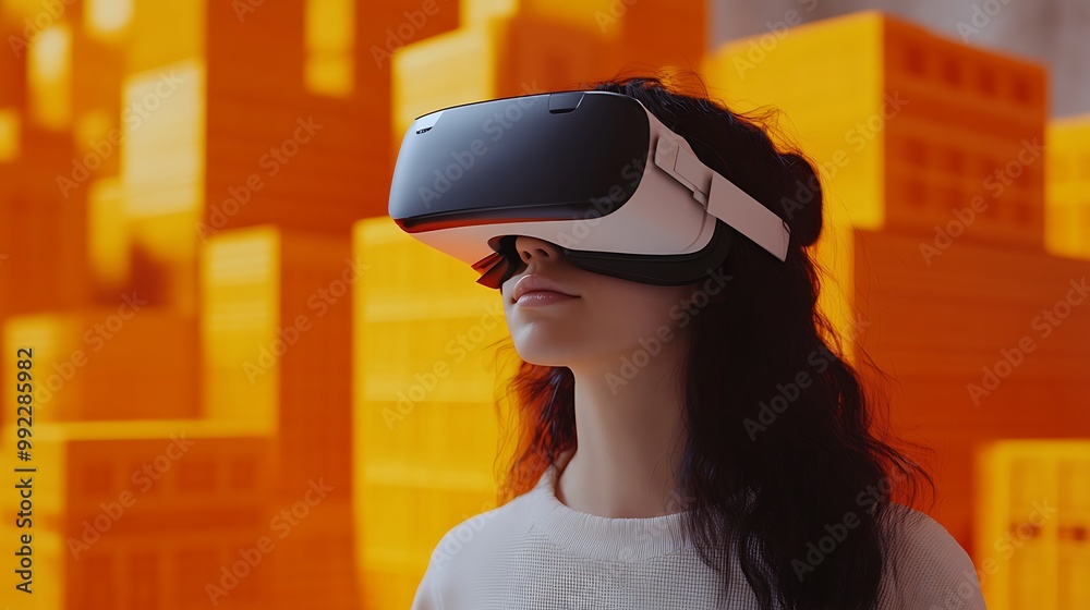 Woman wearing VR headset, exploring virtual reality world Woman wearing VR headset, exploring virtual reality world