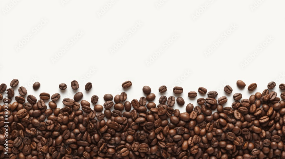 Panoramic Border of Coffee Beans Isolated on a White Background with Ample Copy Space, Perfect for Coffee Branding, Packaging, and Design. Panoramic Border of Coffee Beans Isolated on a White Background with Ample Copy Space, Perfect for Coffee Branding, Packaging, and Design.