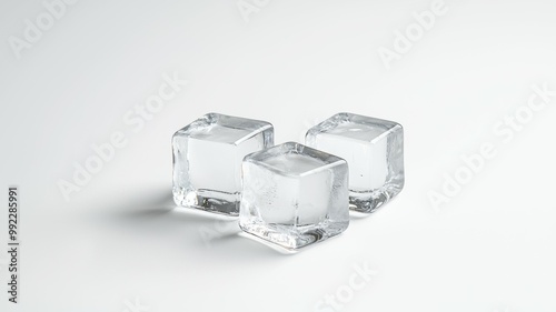 Three cubes of ice are on a white background