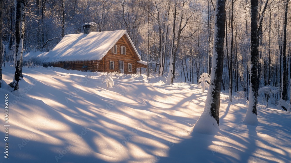 A Cozy Log Cabin Nestled in a Snow-Covered Winter Forest A Cozy Log Cabin Nestled in a Snow-Covered Winter Forest
