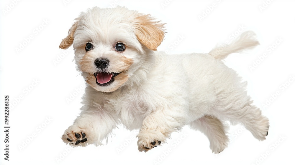 A white puppy is running and smiling