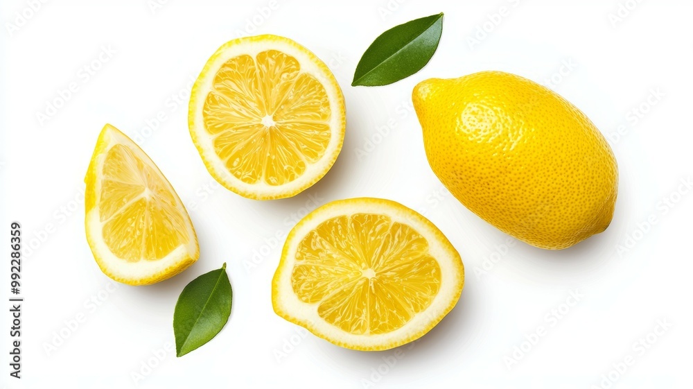 A lemon is cut in half and has a leaf on top A lemon is cut in half and has a leaf on top