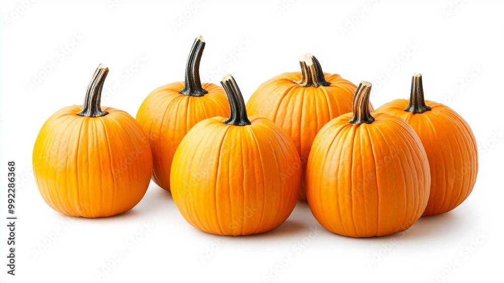 A row of six orange pumpkins are lined up on a white background A row of six orange pumpkins are lined up on a white background