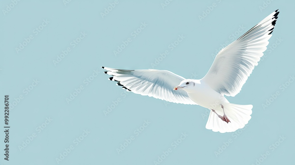 Fototapeta premium A white seagull in mid-flight, isolated on a solid light blue background. Its wings spread wide, creating a clean and minimalistic composition. --ar 16:9