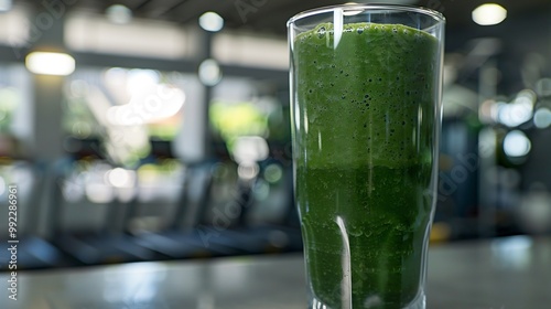 Sugar apple smoothie blended spinach spirulina served clear glass a fitness center blurred in the background showcasing the fruits role in a postworkout recovery drink Scientific name Annona squamosa photo