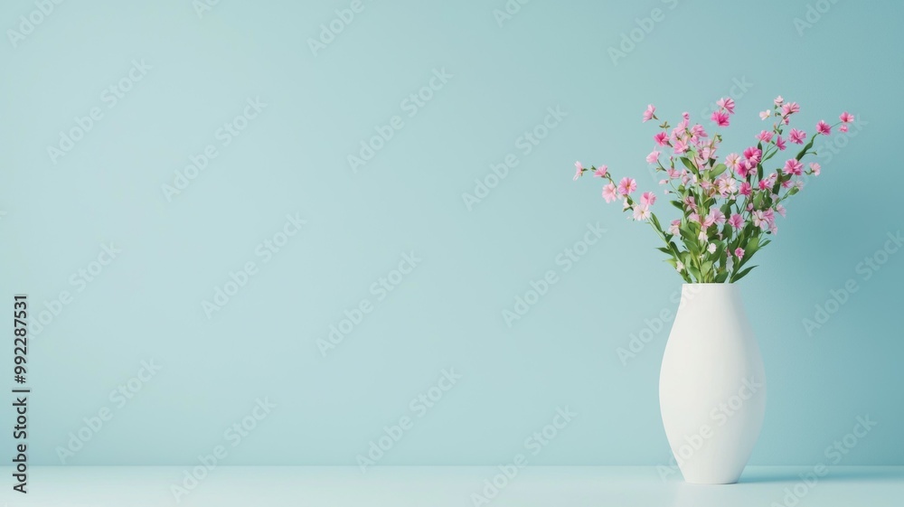 Naklejka premium A white vase with pink flowers sits on a table in front of a blue wall