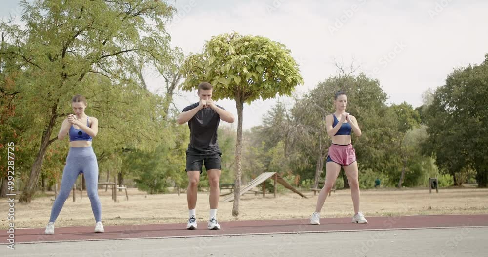 Three friends perform squats and lunges together in a sunny park, focusing on exercise to maintain a healthy lifestyle. Three friends perform squats and lunges together in a sunny park, focusing on exercise to maintain a healthy lifestyle.