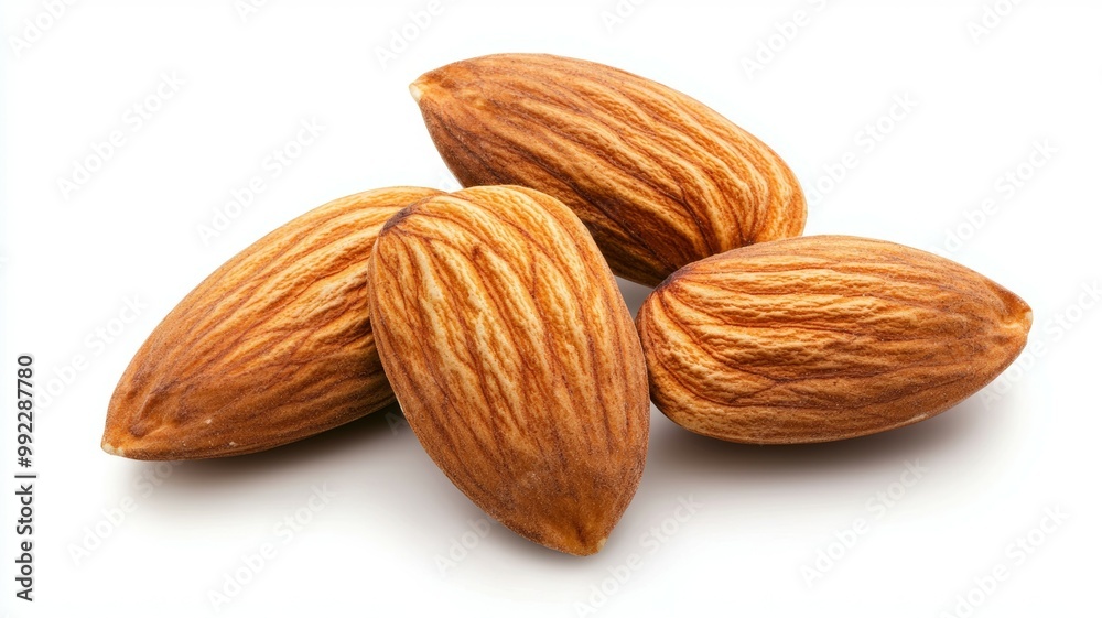 Four almonds are shown in a row on a white background Four almonds are shown in a row on a white background