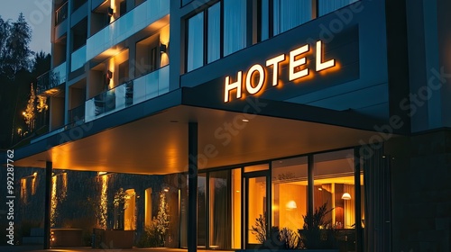 An elegant hotel exterior with an illuminated 