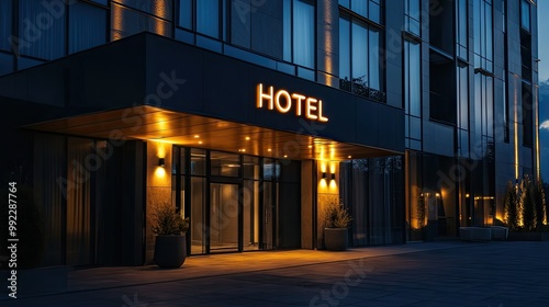 An elegant hotel exterior with an illuminated 