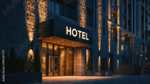 An elegant hotel exterior with an illuminated 
