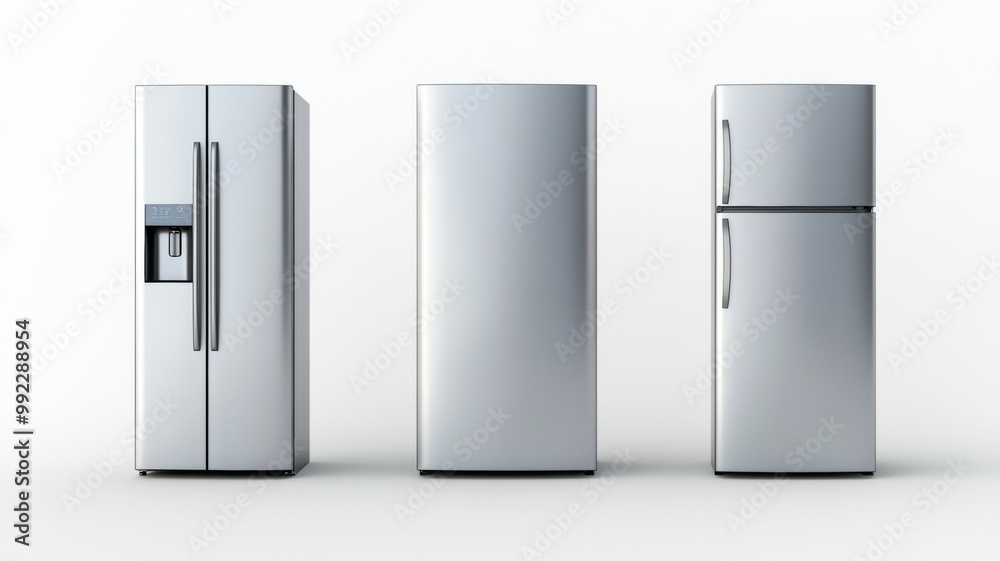Three silver refrigerators are lined up on a white background Three silver refrigerators are lined up on a white background