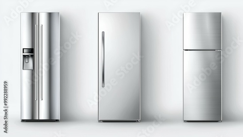 Three silver refrigerators are lined up against a white wall photo