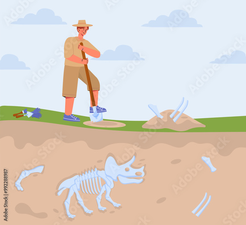 Man with archaeological excavations. Young guy digs bones out of ground. Archeology and paleontology, geology. Skeleton of Triceratops underground. Flat vector illustration